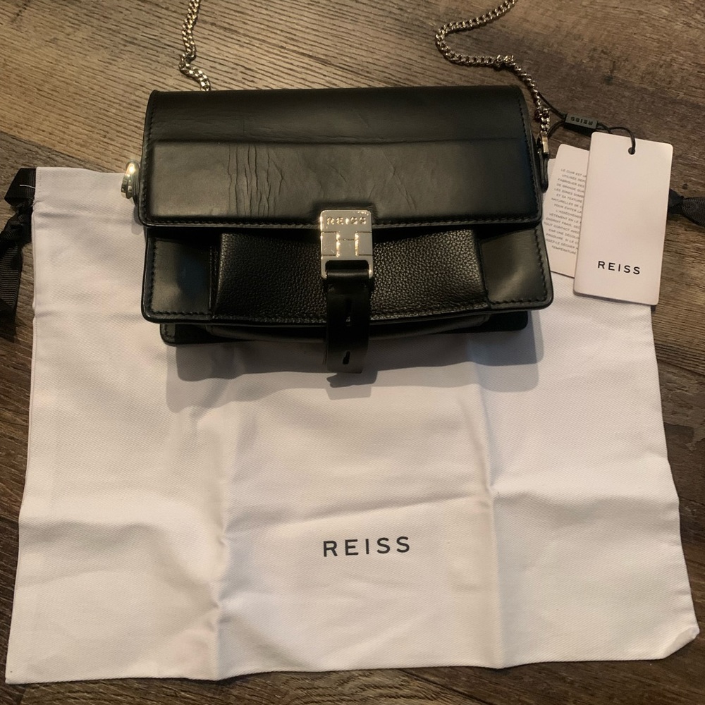 REISS CHAIN CROSSBODY PURSE SATCHEL TOTE HANDBAG BLACK LEATHER NEW WITH TAGS
